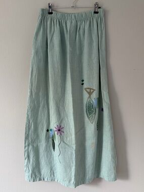 Vintage Play Alegre Hand Painted Maxi Skirt Mint Green Art To Wear Boho Slit